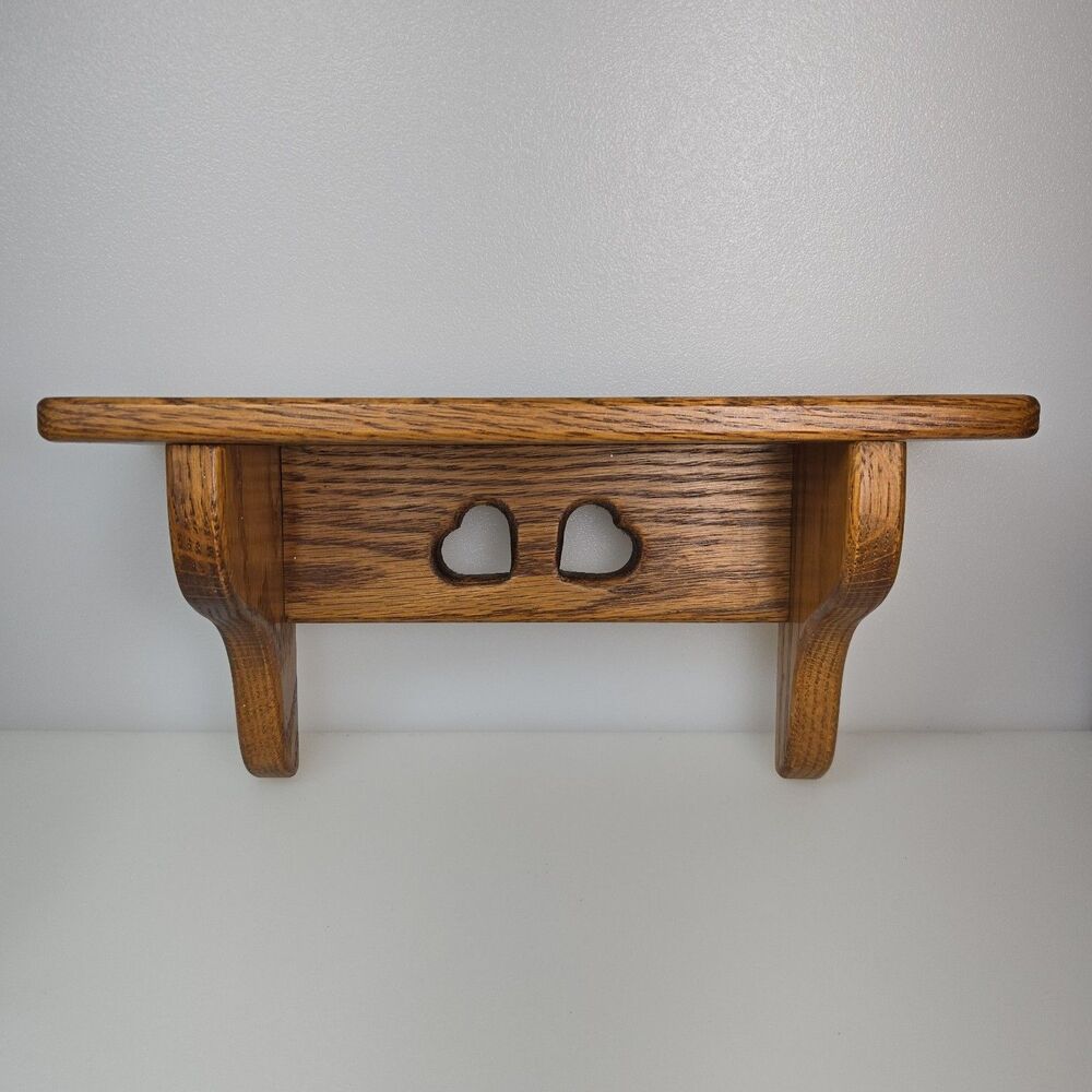 VTG Wood Oak Wall Shelf 12" with Heart Cutouts Farmhouse Country Rustic Cottage